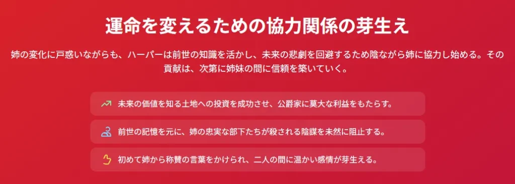 スライド3：運命を変えるための協力関係の芽生え
アイコン1: 右肩上がりのグラフ

代替テキスト: 投資の成功を示すグラフのアイコン

アイコン2: 複数の人物の上半身

代替テキスト: 姉の部下たちを象徴する人物アイコン

アイコン3: サムズアップ（いいね）のジェスチャー

代替テキスト: 姉からの称賛を表すサムズアップのアイコン