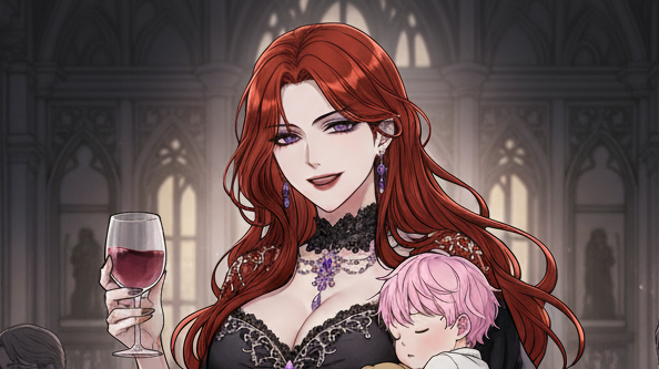 長い赤毛の女性が、黒いドレスをまとい、片手でワイングラス、もう一方の腕でピンクの髪の幼児を抱いている。