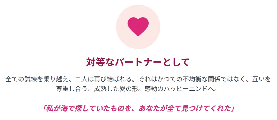 物語の幸福な結末を示すインフォグラフィック。中央に配置された大きなハートのアイコンが、全ての試練を乗り越えた二人が対等なパートナーとして結ばれるハッピーエンドを象徴。ヴィクトルの感動的なセリフも添えられ、物語の締めくくりを表現している。
