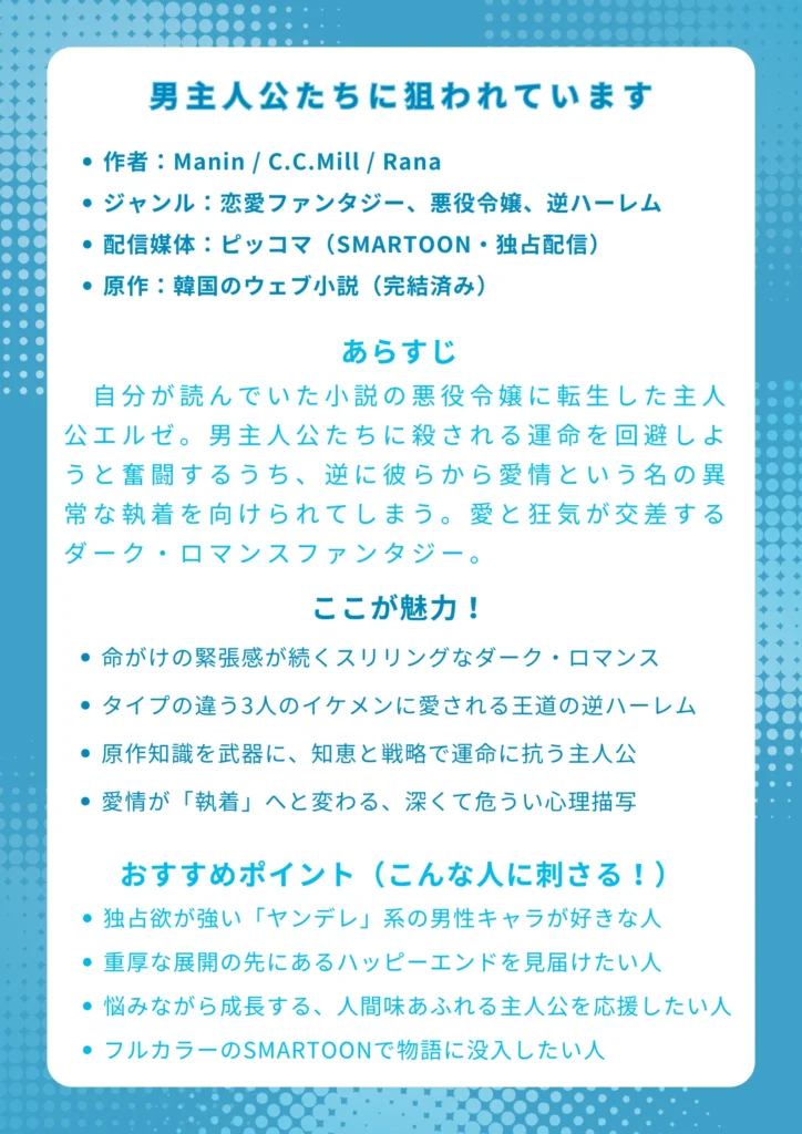 ナレッジカード
タイトル
男主人公たちに狙われています
基本情報
作者:Manin / C.C.Mill / Rana
ジャンル:恋愛ファンタジー、悪役令嬢、逆ハーレム
配信媒体:ピッコマ(SMARTOON・独占配信)
原作:韓国のウェブ小説(完結済み)
あらすじ
自分が読んでいた小説の悪役令嬢に転生した主人公エルゼ。男主人公たちに殺される運命を回避しようと奮闘するうち、逆に彼らから愛情という名の異常な執着を向けられてしまう。監獄のような学園を舞台に、彼女は危険な恋と運命から逃げ切れるのか?愛と狂気が交差するダーク・ロマンスファンタジー。
ここが魅力!
ただ甘いだけじゃない!命がけの緊張感がたまらないスリリングなストーリー
タイプの違うイケメンたちが主人公を巡って火花を散らす王道の逆ハーレム
主人公エルゼが原作知識を武器に、知恵と戦略で運命を切り開く爽快感
愛情がいつしか狂気的な「執着」に変わる、深くて危うい人間心理の描写
おすすめポイント(こんな人に刺さる!)
「ヤンデレ」や「執着系」の重い愛情表現にときめいてしまうあなたに!
ハッピーエンドは好きだけど、過程はシリアスで重厚な物語が読みたい人に!
完璧じゃない、人間味あふれる主人公が悩みながら成長する姿に共感したいあなたに!
美しいフルカラーの縦スクロール漫画(SMARTOON)で物語に没入したい人に!