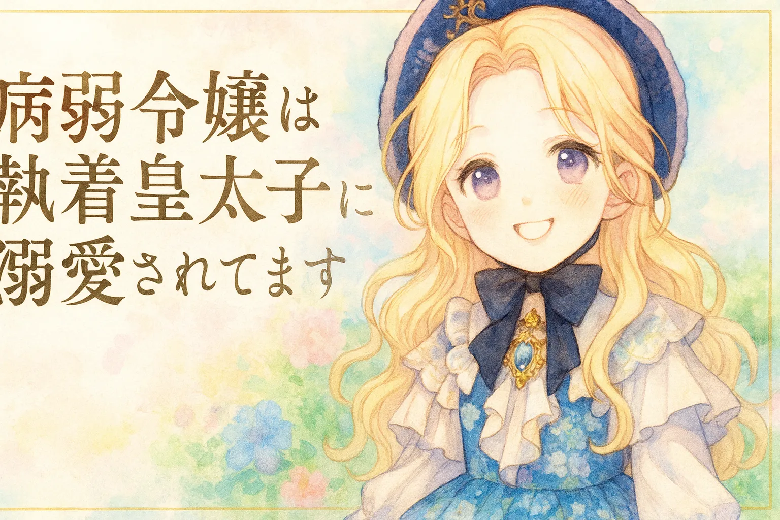 金髪の長い巻き髪にネイビーのボンネットを被った少女アレルリンが、淡いピンク寄りの瞳でにっこりと微笑む。胸元にはカメオ風の宝石ブローチと大きな黒リボン。白いフリル袖に青い花柄ドレス、金装飾の意匠。背景はパステル調の空と柔らかな花のボケ、全体が水彩画タッチの手描き風。横長（1.91:1）レイアウトで左面にタイトル「病弱令嬢は執着皇太子に溺愛されてます」が上品な書体で配置され、爽やかで前向きな印象。
