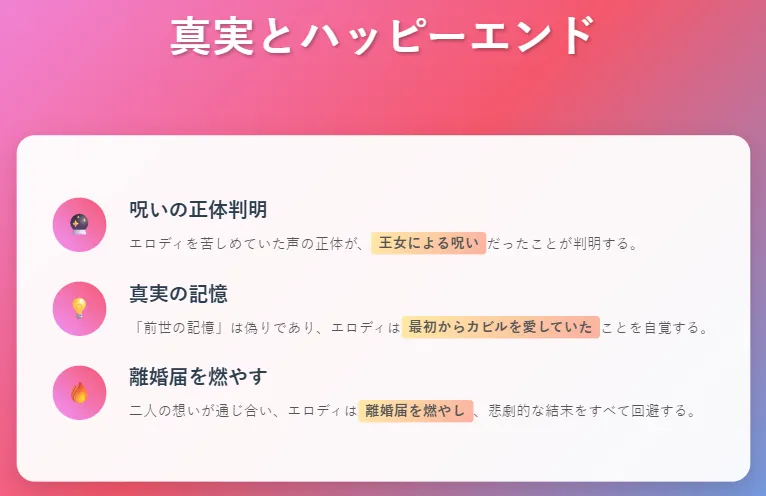 4. 真実とハッピーエンド
エロディを苦しめていた声の正体が、王女による呪いだったことが判明。
エロディが信じていた「前世の記憶」は偽りであり、彼女は最初からカビルを愛していたことを自覚する。
二人の想いが通じ合い、長年のすれ違いが解消される。
エロディは用意していた離婚届を燃やし、原作の悲劇的な結末をすべて回避する。
