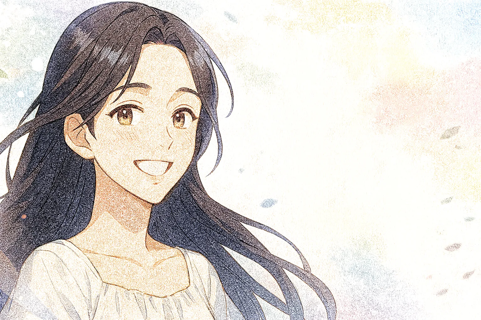 水彩画タッチで描かれた女性キャラクター。長い黒髪が風になびき、白いオフショルダーの服を身に着けている。金色がかった茶色の瞳を輝かせ、明るい笑顔を浮かべている姿が印象的。背景は淡いパステル調のピンク・ブルー・イエローが混ざる柔らかいグラデーションで、爽やかで前向きな雰囲気に包まれている。タイトルや文字はなく、キャラクターと雰囲気に視線が集中する構図。