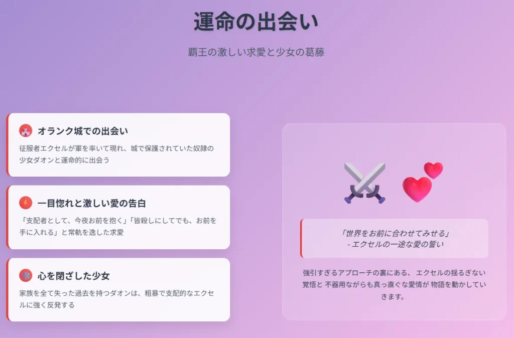 スライド2: 運命の出会い
背景色: 紫からピンクへのグラデーション
メインタイトル
「運命の出会い」
サブタイトル
「覇王の激しい求愛と少女の葛藤」
左側コンテンツ(3つのストーリーポイント)
1. オランク城での出会い
アイコン: 城の絵文字(赤い円形背景)
見出し: 「オランク城での出会い」
内容: 「征服者エクセルが軍を率いて現れ、城で保護されていた奴隷の少女ダオンと運命的に出会う」
2. 一目惚れと激しい愛の告白
アイコン: 稲妻の絵文字(赤い円形背景)
見出し: 「一目惚れと激しい愛の告白」
内容: 「『支配者として、今夜お前を抱く』『皆殺しにしてでも、お前を手に入れる』と常軌を逸した求愛」
3. 心を閉ざした少女
アイコン: 雪結晶の絵文字(赤い円形背景)
見出し: 「心を閉ざした少女」
内容: 「家族を全て失った過去を持つダオンは、粗暴で支配的なエクセルに強く反発する」
右側コンテンツ
視覚要素(透明な白い背景のボックス)
アイコン: 剣とハートの絵文字(大きく表示)
引用文: 「『世界をお前に合わせてみせる』- エクセルの一途な愛の誓い」
説明文: 「強引すぎるアプローチの裏にある、エクセルの揺るぎない覚悟と不器用ながらも真っ直ぐな愛情が物語を動かしていきます。」