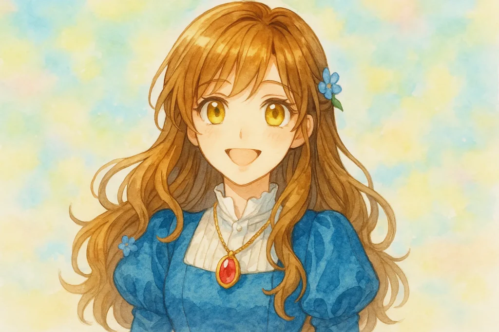 水彩画風のイラスト。『推しの執着心を舐めていた』の主人公エステファニアが、優しく微笑んで立っている。明るい茶色の髪がふんわりと流れ、金色の瞳が輝いている。青い花の髪飾りと赤い宝石のペンダントを身につけ、白いブラウスに青のドレスを着ている。背景はパステル調の淡い色合いで、明るく爽やかな雰囲気。