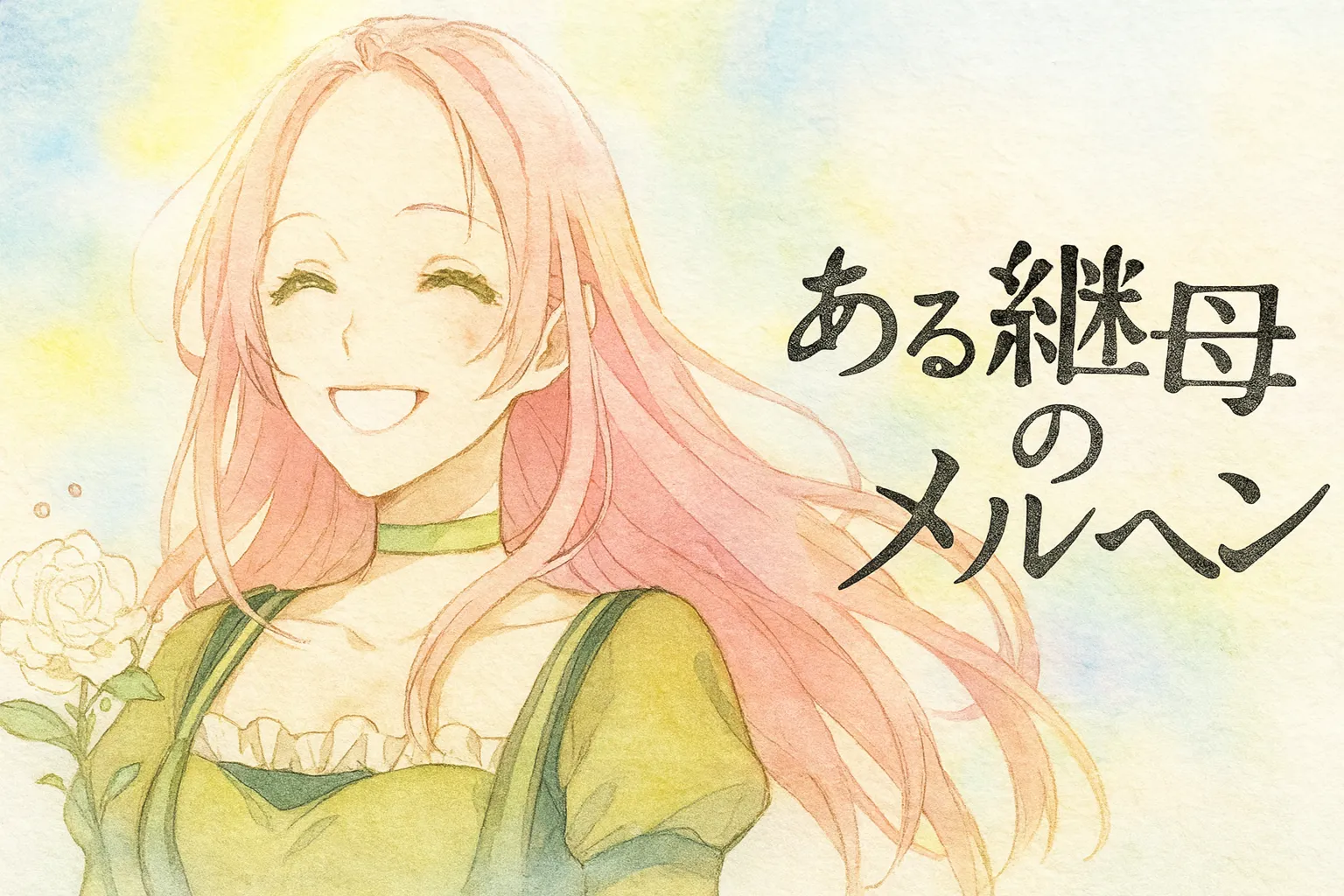 ピンク色の髪と緑の瞳を持つ女性シュリーが、優しく明るい笑顔を見せている水彩画風イラスト。緑のドレスを着て白い花を手に持ち、背景はパステル調の柔らかな色合いで爽やかな印象。右側に「ある継母のメルヘン」のタイトル文字が描かれている。