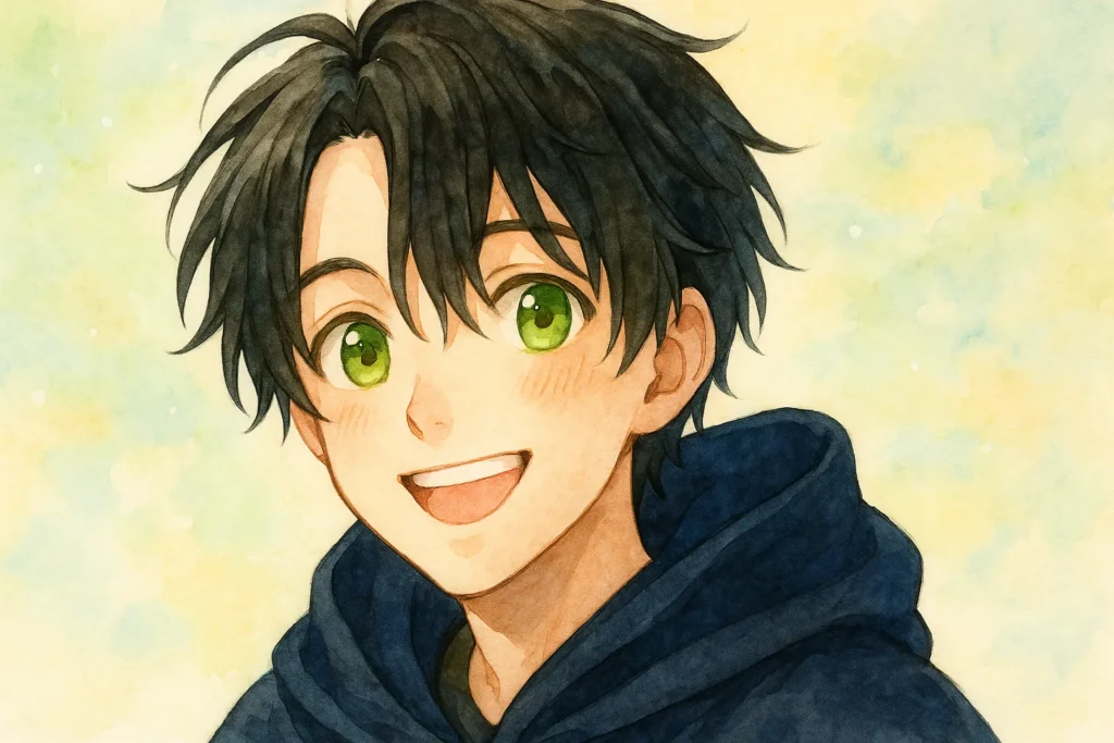 水彩画風のイラスト。『推しの執着心を舐めていた』のキャラクター、ユチが描かれている。黒髪で少し乱れた前髪、明るい緑の瞳が印象的な少年。優しく明るい笑顔を浮かべ、深い青のマントを羽織っている。背景はパステルカラーの柔らかなグラデーションで、爽やかで温かい雰囲気。