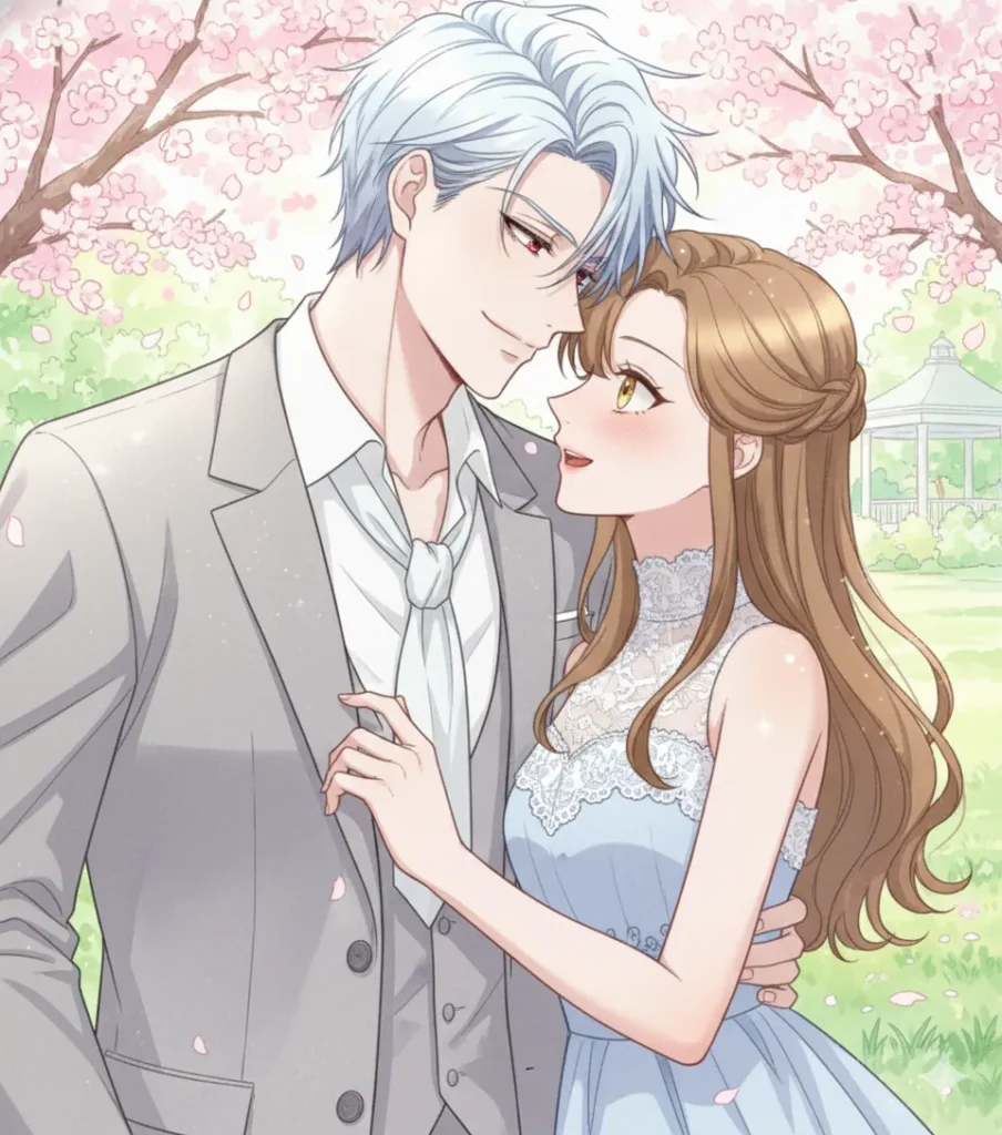桜の木の下で、白いシャツとグレーのスーツを着た銀髪の男性と、水色のドレスを着た茶髪の女性が向かい合って微笑み合っているイラスト。背景には緑豊かな庭園とガゼボが見える。