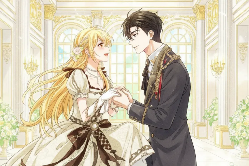 きらびやかな王宮の広間を背景に、王太子が片膝をついて公爵令嬢の手を取り、見つめ合って微笑む二人のイラスト。全体的に明るく爽やかな水彩画タッチで、前向きな雰囲気が伝わる。