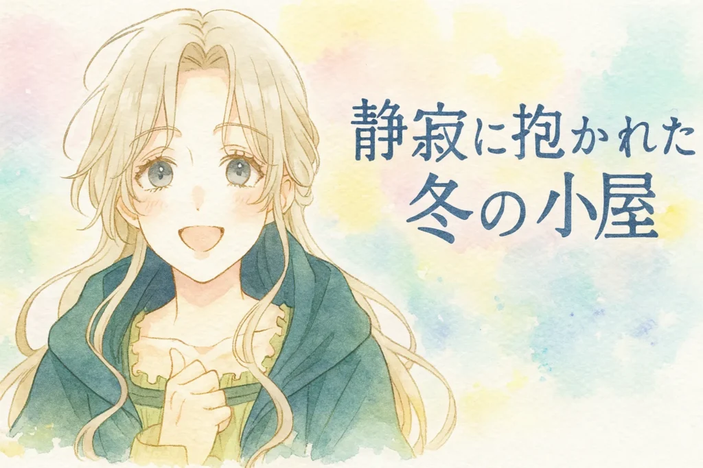 淡いパステルカラーの水彩風背景に、金髪でやわらかく波打つ髪を持つ少女・ロエルが微笑んでいる。深緑のマントとフリル付きのドレスを身にまとい、穏やかで温かい雰囲気を放つ。右側には「静寂に抱かれた冬の小屋」というタイトルが手書き風の書体で描かれている。