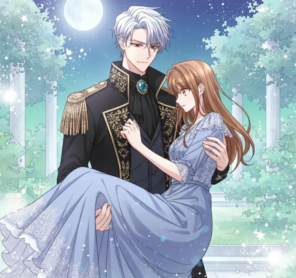 『推しの執着心を舐めていた』のシニルとエステファニアが描かれたイラスト。シニルは豪華な軍服のような衣装を、エステファニアは青いレースのドレスを着用している。満月の夜の庭園を背景に、幻想的でロマンチックな雰囲気が水彩画タッチで表現されている。