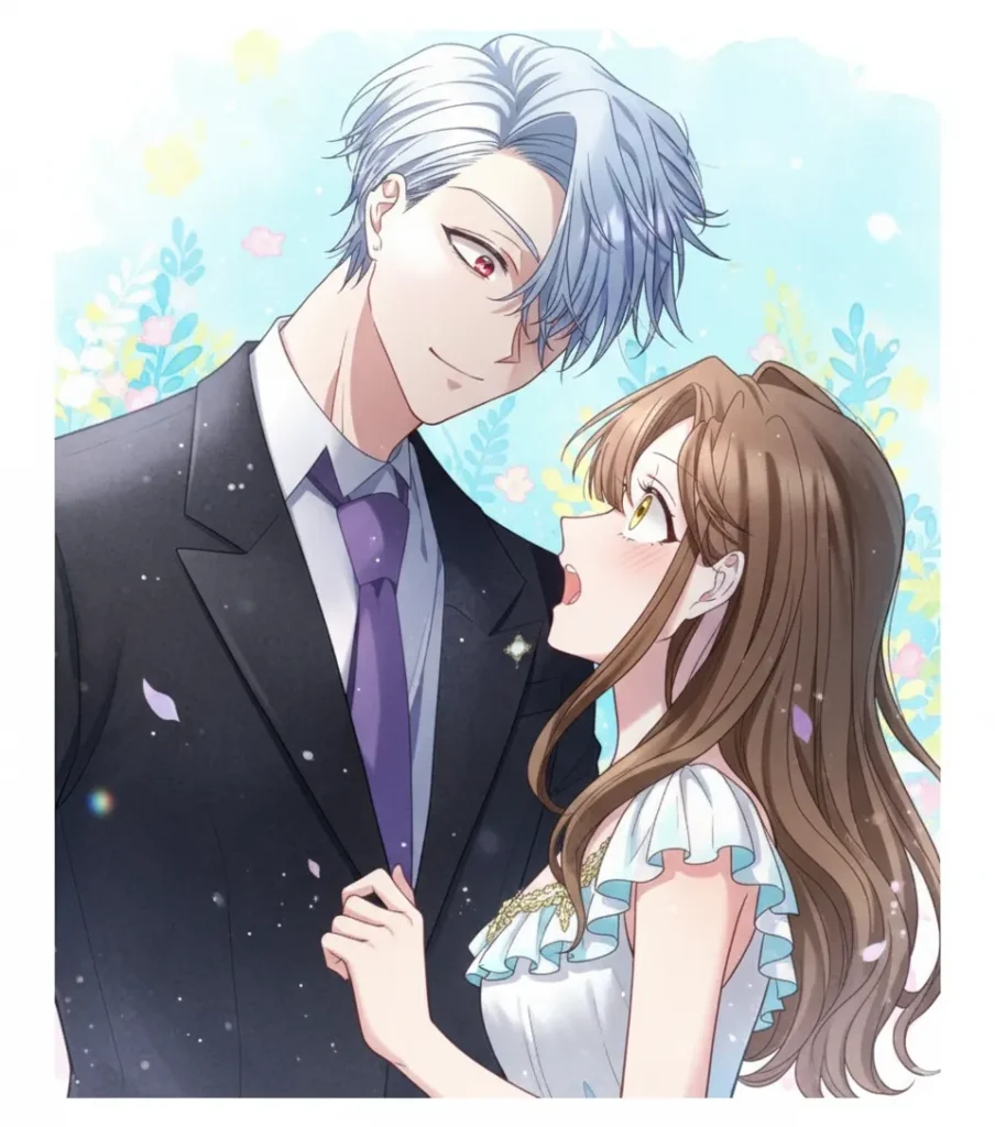 銀髪で赤い瞳の男性と、茶髪で驚いた表情の女性が向かい合っているイラスト。男性は黒いスーツに紫のネクタイ、女性は白いドレスを着用。背景はパステル調の空と花々が描かれ、全体的に明るく爽やかな印象。