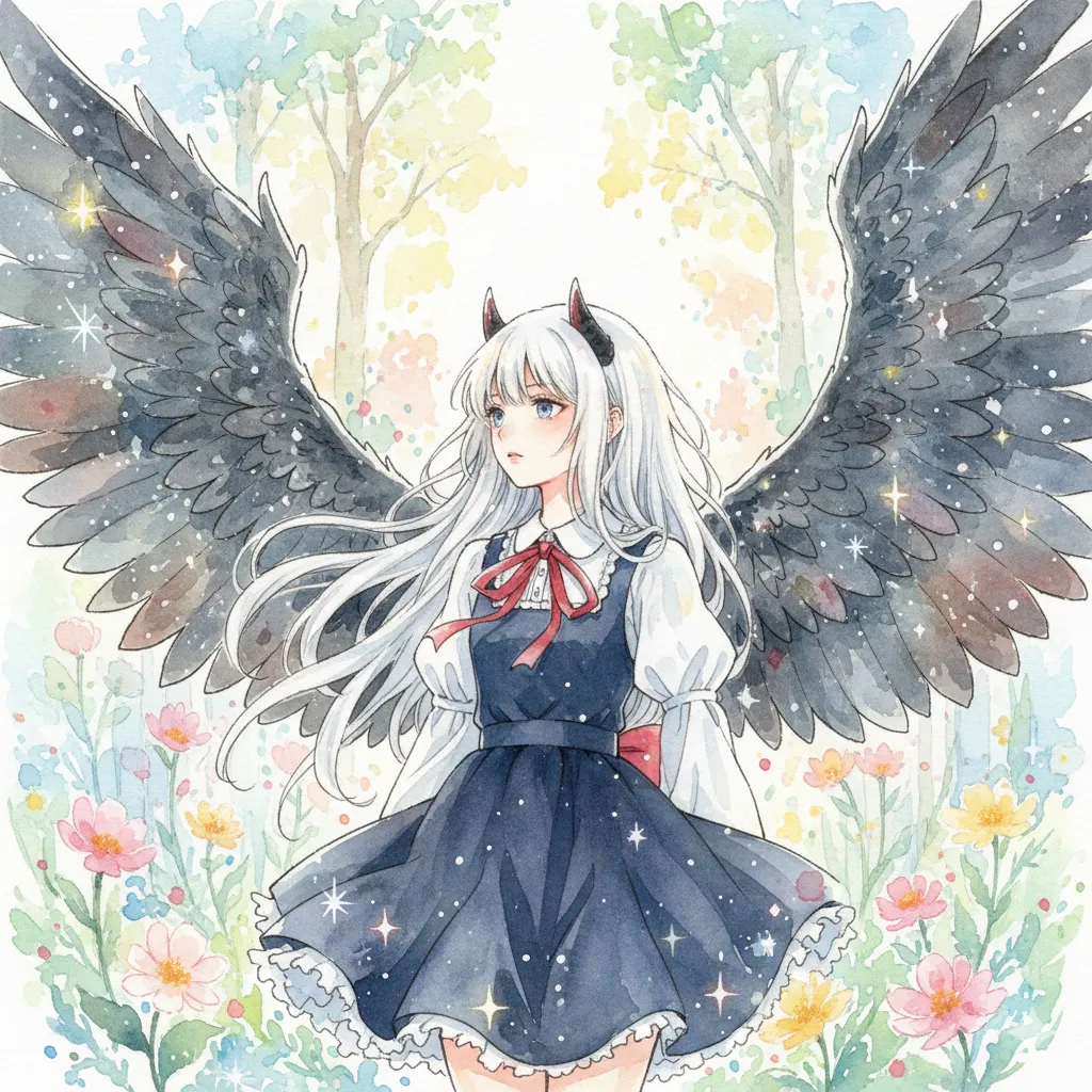 淡いパステルカラーの木々と花々に囲まれた背景に、白い長髪の少女が悪魔の黒い翼を広げています。白いブラウスと紺色のドレス、赤いリボンを身につけ、少し憂いを帯びた表情をしています。