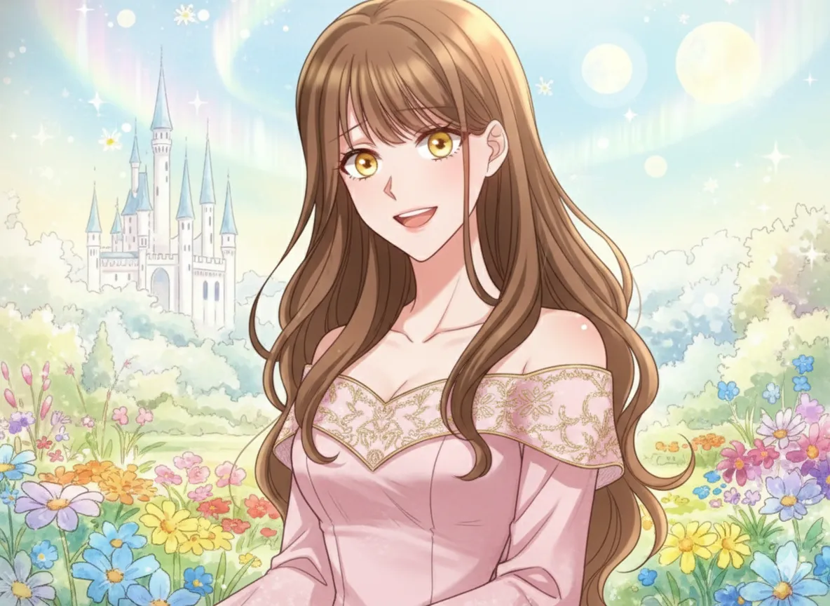 水彩画風のファンタジー背景に、月と星が輝く空の下、青と緑のエレガントなドレスを着て笑顔で立つ長い茶髪の女性。彼女の後ろには、輝く白い城と神秘的な植物が描かれています。
