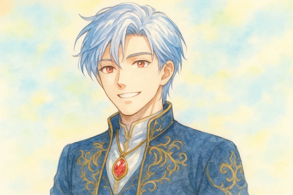 水彩画風のイラスト。『推しの執着心を舐めていた』のキャラクター、シニルが描かれている。淡い銀髪と穏やかな赤みを帯びた瞳を持つ青年で、王子のような気品ある雰囲気。ネイビーの衣装には金の刺繍が施され、胸元には赤い宝石のペンダントを下げている。背景はパステルカラーの柔らかい色合いで、優しい笑顔が印象的。