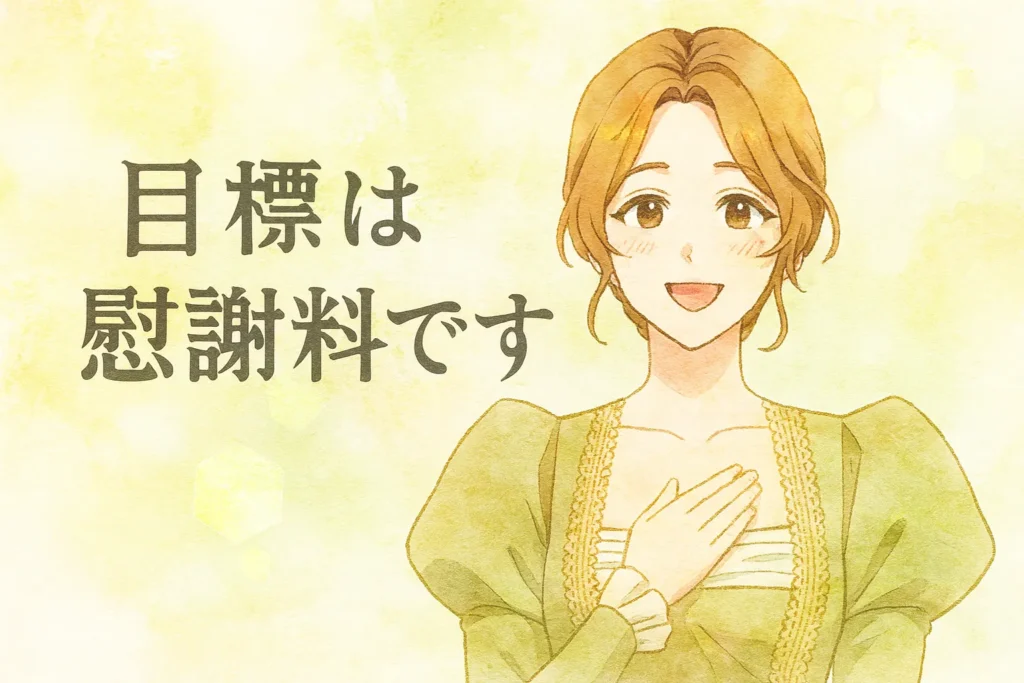 水彩画タッチで描かれた『目標は慰謝料です』の主人公イベルリン。柔らかな茶色の髪を上品にまとめ、琥珀色の瞳で穏やかに微笑む女性が、淡い金色のドレスを身にまとって胸に手を当てている。背景はパステル調の黄緑とクリーム色が溶け合い、花びらが舞う爽やかな雰囲気。左側には大きくタイトル「目標は慰謝料です」の文字。全体が優しく温かな光に包まれた印象の横長イラスト。