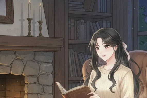 暖炉のそばの肘掛け椅子に座り、本を読んでいるヘイリーのイラスト。部屋は暖炉の火とランプの光で照らされており、窓の外には夜空が広がっている。