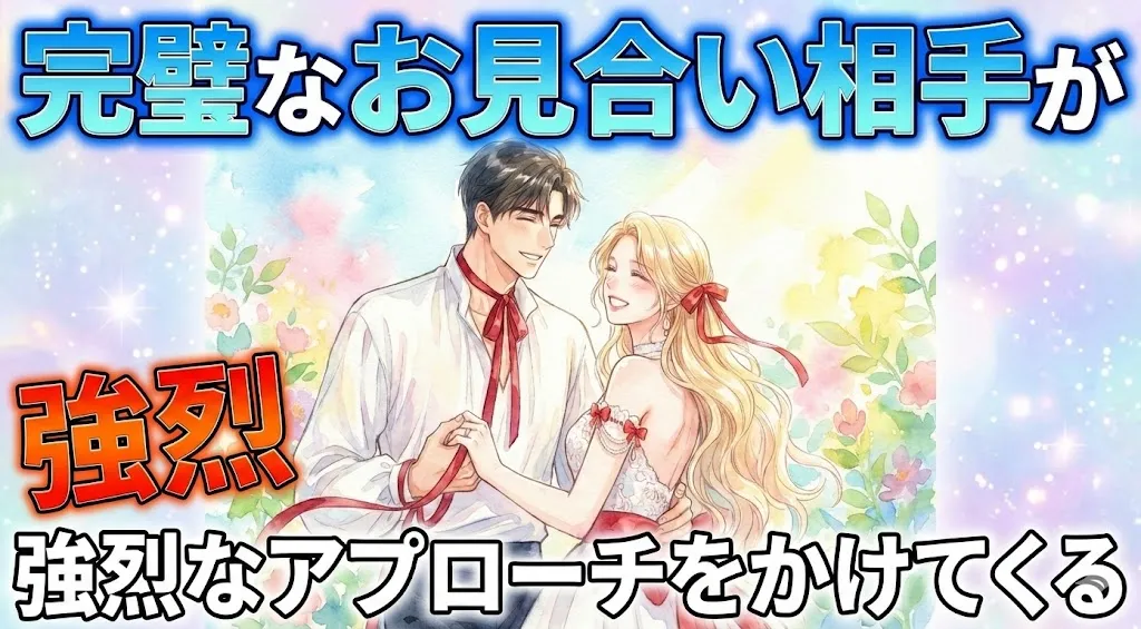 このアイキャッチは、青いグラデーションで縁取られた大きな文字「完璧なお見合い相手が」を上部に配置し、中央には手を取り合い笑顔で見つめ合う水彩画風の男女のイラスト（男性は赤いリボン、女性は白いドレス）が描かれています。左側には赤く強調されたパワーワード「強烈」があり、下部には白い文字で「強烈なアプローチをかけてくる」と書かれています。背景は明るいファンタジー調の花々と光で満たされており、ロマンチックで魅力的な雰囲気を強調しています。文字の視認性が高く、クリックを促すデザインになっています。
