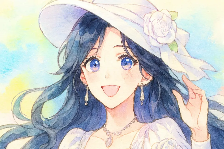 水彩画タッチで描かれた、黒髪の女性「ヘイリー」が優しく微笑むイラスト。
長く波打つ黒髪に白い帽子をかぶり、レースのついた白いドレスを着ている。
背景は淡いパステルカラー(黄・青・ピンク)で、明るく爽やかな雰囲気。