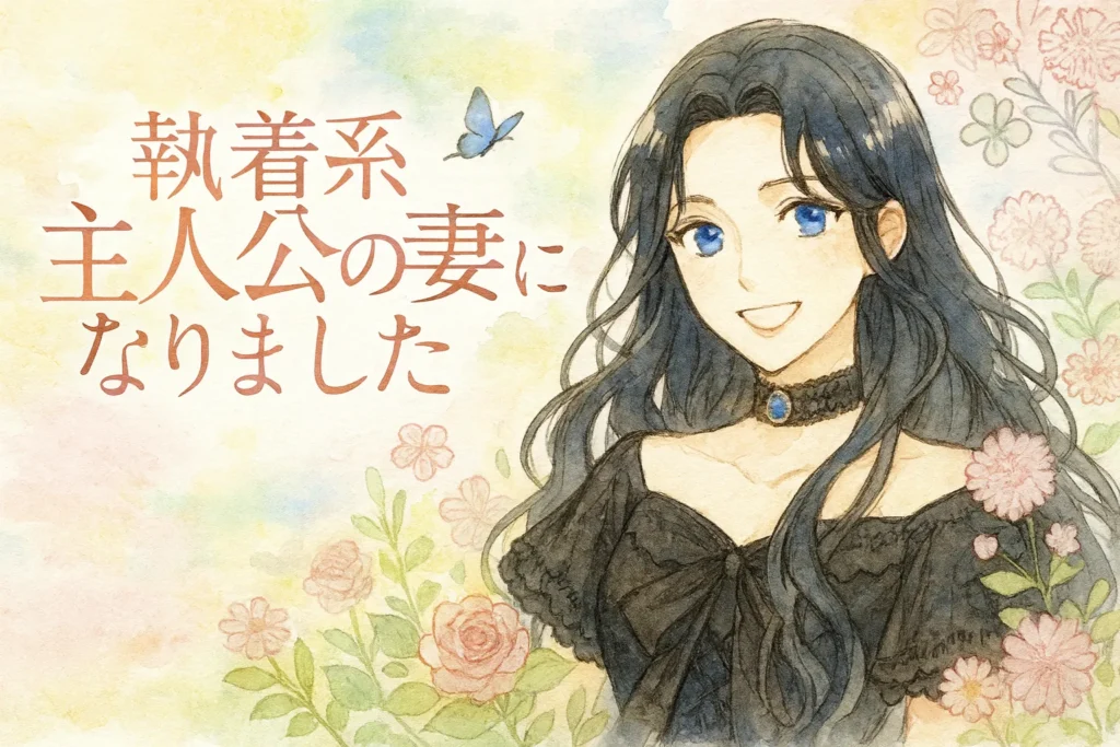 黒髪のロングヘアに青い瞳を持つ女性イルウェンが、優しく明るい笑顔を浮かべている水彩画風のイラスト。黒のレースドレスと青い宝石のチョーカーを身につけ、背景はパステル調の花々と柔らかな光で包まれている。左側にはタイトル「執着系主人公の元妻になりました」の文字が描かれ、全体的に爽やかで前向きな雰囲気が漂う。