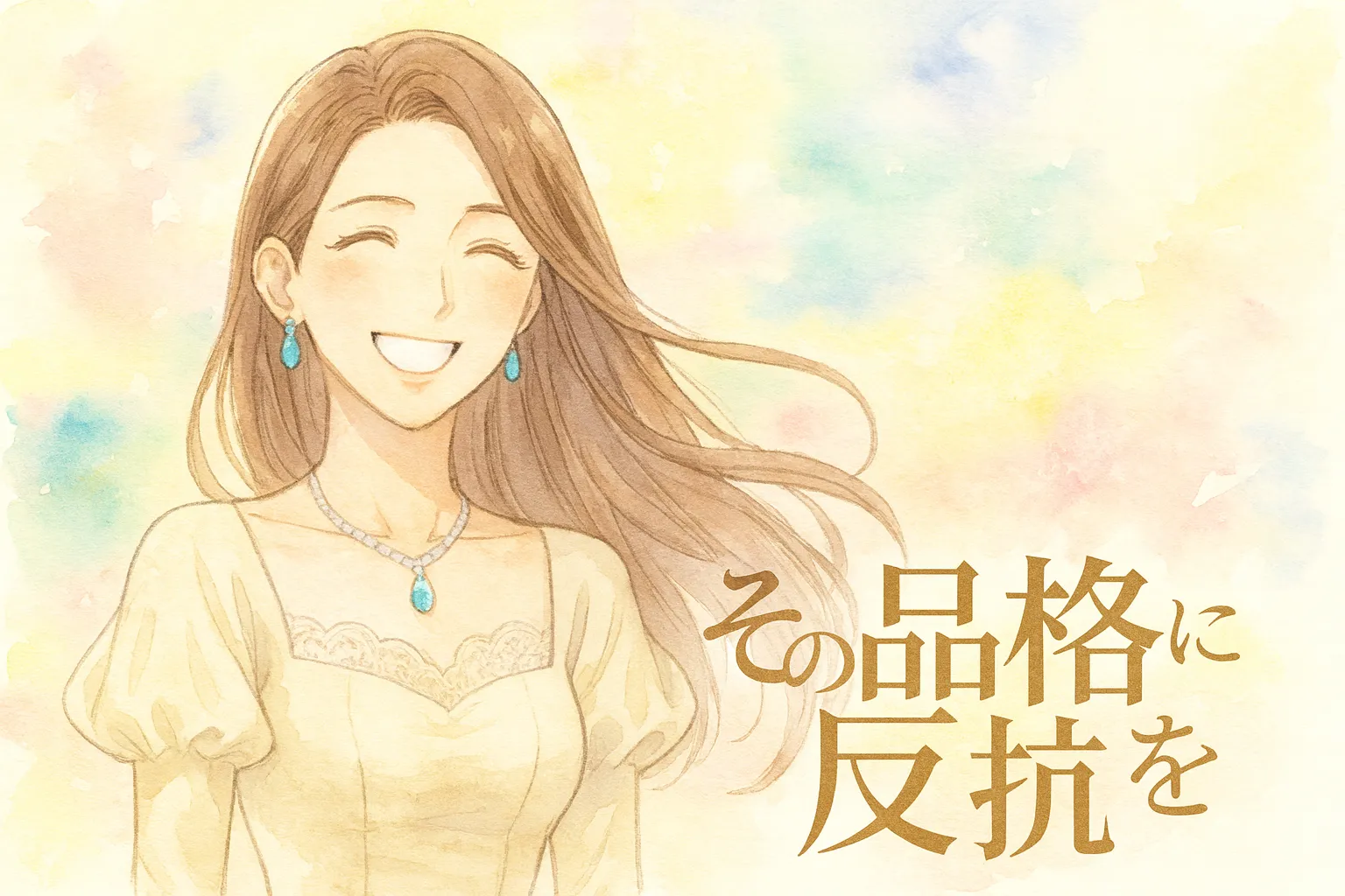 長い淡いブラウンの髪をなびかせ、優しく明るい笑顔を見せるクロエ。アイボリーのドレスに青い宝石のネックレスとイヤリングを身に着け、背景はパステル調の水彩で柔らかく彩られている。タイトル「その品格に反抗を」が右下に配置され、全体が温かく前向きな印象に仕上がっている。