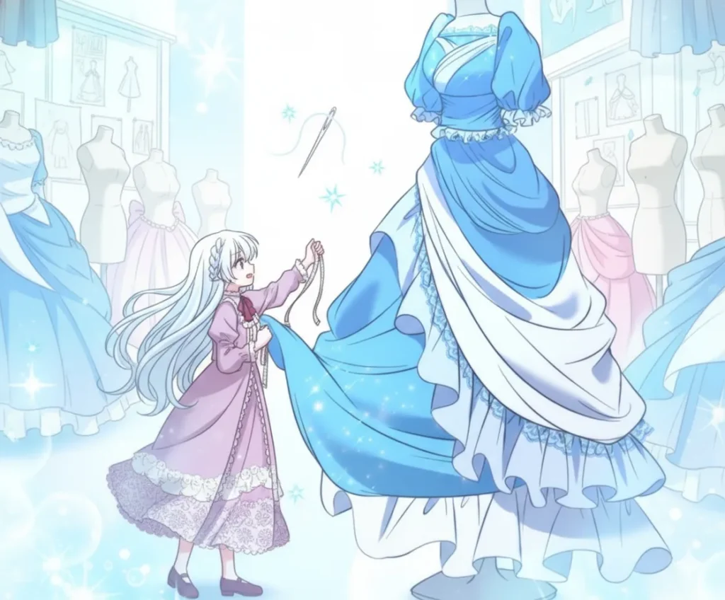 『推しの執着心を舐めていた』のワンシーン。銀髪の長い髪の少女が、マネキンが着ている美しい青いドレスを見上げている後ろ姿。背景はキラキラと輝いている。