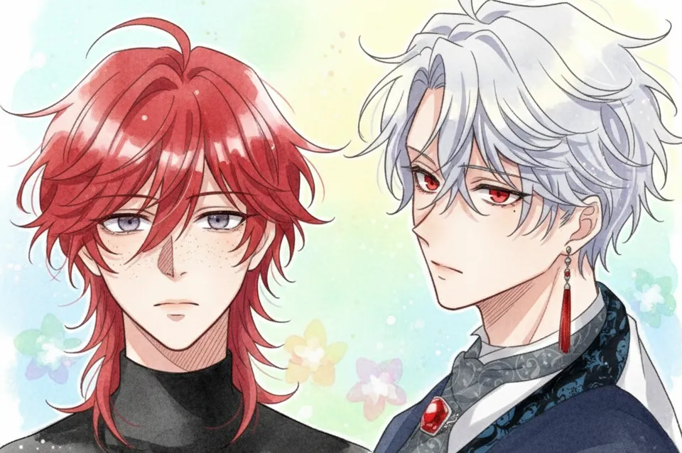 赤い髪のキャラクターと白い髪のキャラクターが描かれた、水彩画風のイラスト。