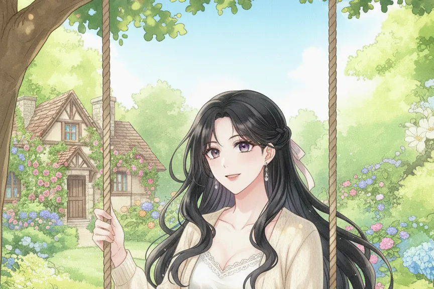 ブランコに乗って微笑むヘイリーのイラスト。背景には、花が咲き乱れる庭と、可愛らしいコテージが見える。
