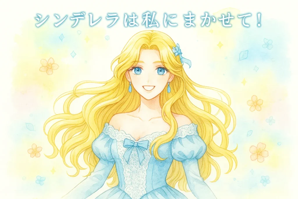 水彩画タッチで描かれた金髪の女性が、青いドレスを着て優しく微笑んでいる。背景はパステル調の花々と柔らかな光に包まれ、爽やかで前向きな印象を与える。タイトル「シンデレラは私にまかせて！」が上部に配置されている。