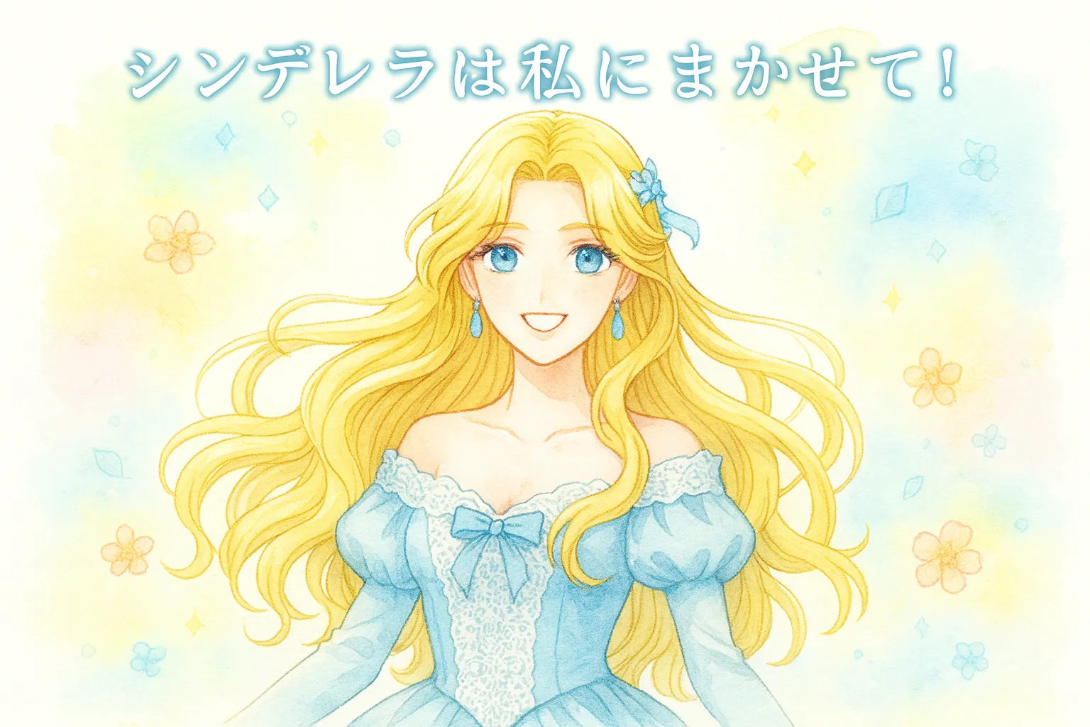 水彩画タッチで描かれた金髪の女性が、青いドレスを着て優しく微笑んでいる。背景はパステル調の花々と柔らかな光に包まれ、爽やかで前向きな印象を与える。タイトル「シンデレラは私にまかせて！」が上部に配置されている。