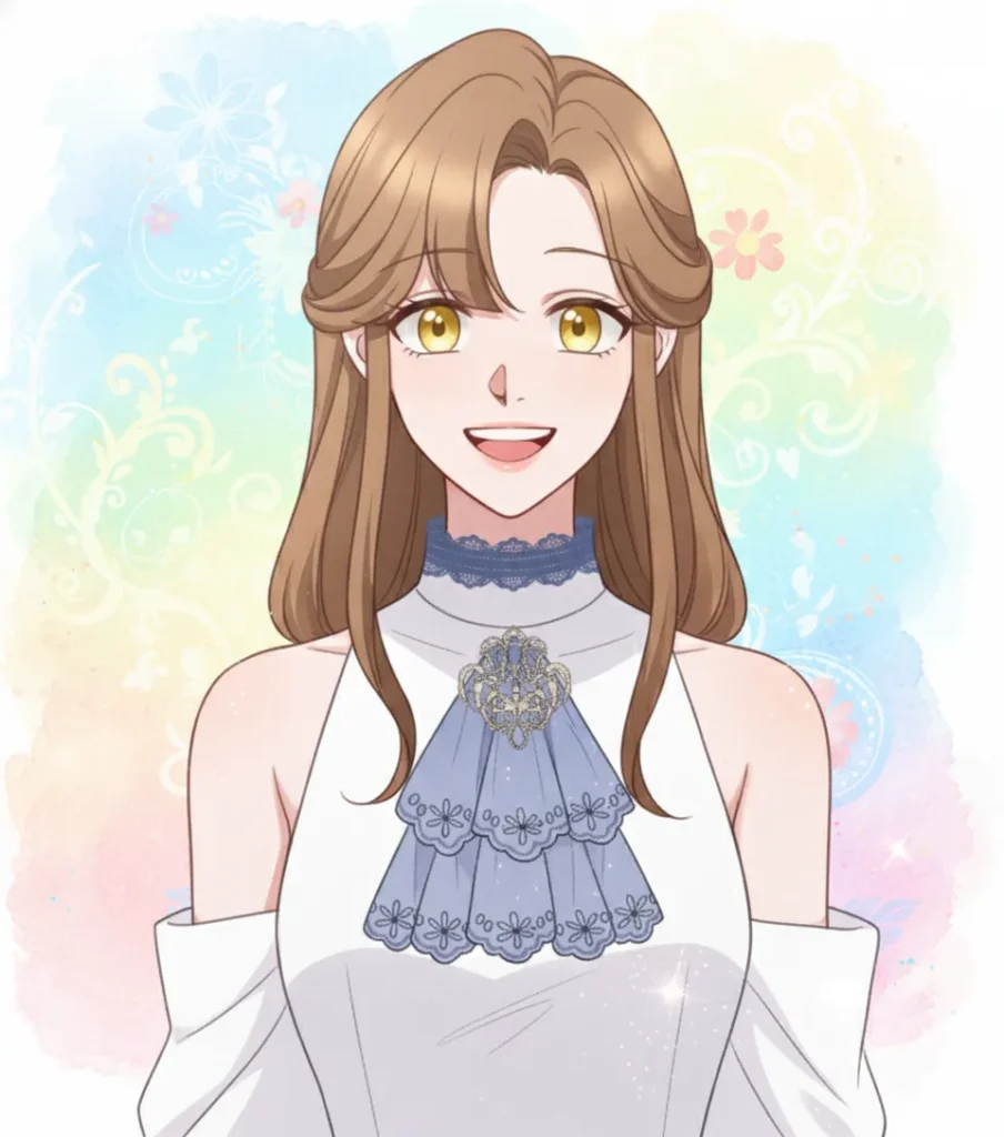 正面を向いて笑顔でいる茶髪の女性のイラスト。白い服に水色のフリルと金の装飾が特徴的。背景はパステルカラーの柔らかな水彩画タッチで、花と渦巻模様が描かれている。