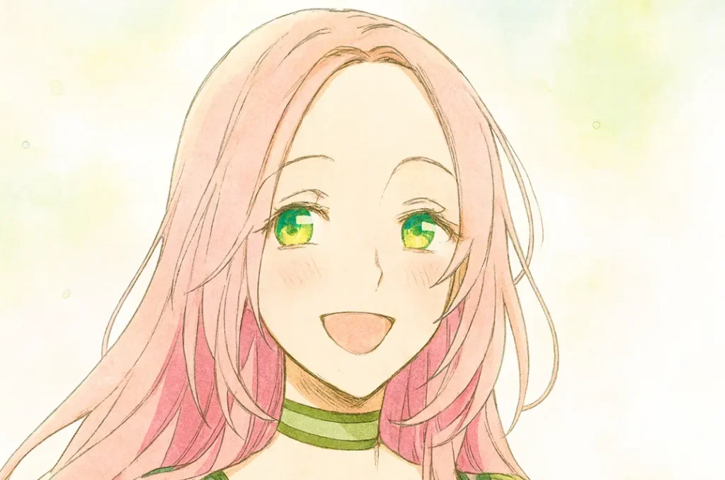 ピンク色の髪と緑の瞳を持つ女性シュリーが、春の光に包まれながら優しく笑っている水彩画風イラスト。緑のドレスを着て白い花を胸に飾り、背景はパステル調の黄緑と淡いピンクのグラデーション。