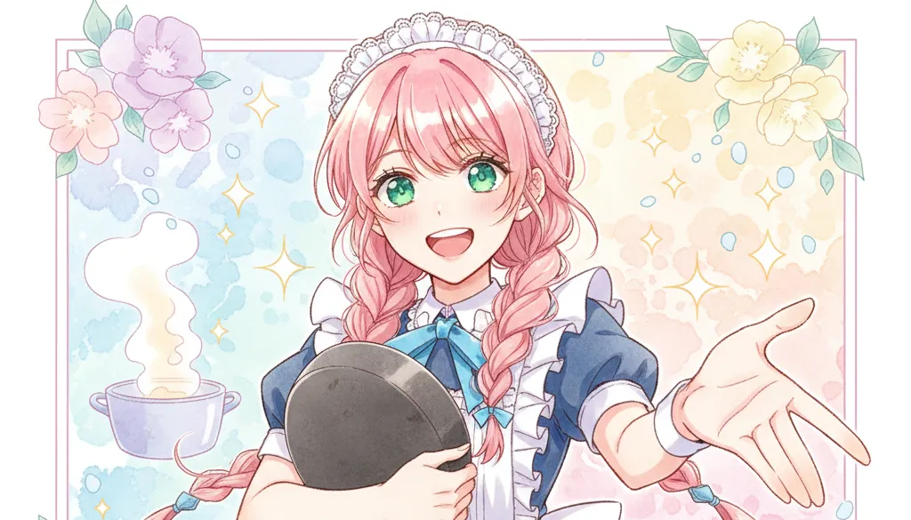 水彩画タッチで描かれた、ピンク色の髪と緑色の瞳を持つ主人公リセのイラスト。メイド服を着てフライパンを持ち、明るく笑顔でこちらに手招きしている。背景はパステルカラーの青、黄、ピンクのグラデーションで、花や湯気のアイコンが散りばめられ、爽やかで温かい雰囲気。