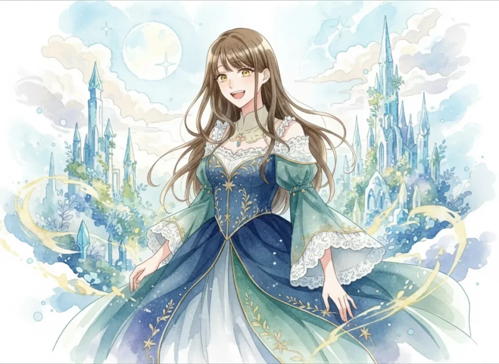 茶色の髪と黄色の瞳を持つ女性が、青と緑を基調とした豪華なドレスを身につけ、楽しそうに笑っている。背景には幻想的な青い城々、輝く月と星が描かれ、全体的に水彩画のような淡い色彩と柔らかなタッチで、ファンタジーの世界観が表現されている。