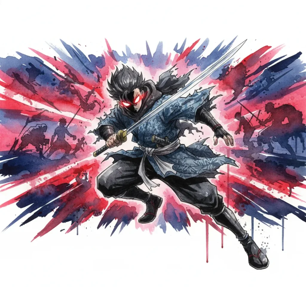 赤く光る目を持つ戦闘員が、水彩画の筆致で描かれた激しいバトルシーンの中にいる。彼の服装は日本の伝統的な柄が施された青い着物風で、剣を構え、画面中央で前方に飛び出している。背景には、赤と青の爆発的な水彩の飛沫と、影絵のような複数の戦闘員のシルエットが見える。全体的に、アクションと動きのあるバトル漫画のような雰囲気を持つ。