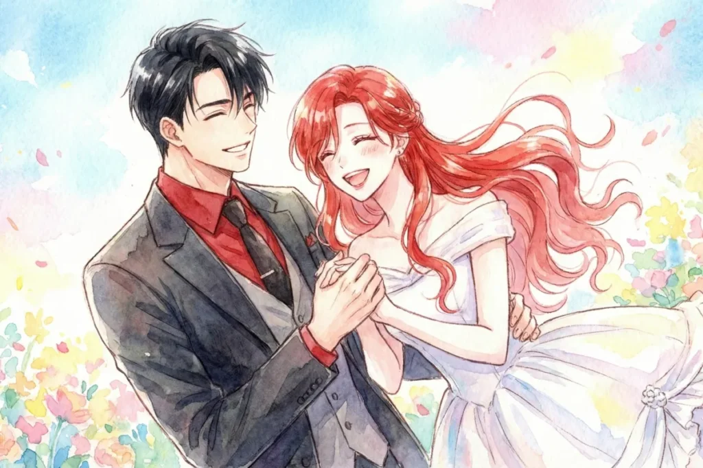 水彩画タッチで描かれた、爽やかな青空と色とりどりの花畑が広がる背景のイラスト。黒髪の男性と赤髪の女性が手を繋ぎ、幸せそうに微笑み合っている。男性は黒のスーツに赤シャツ、女性は白いウェディングドレスを着ており、二人の周りには明るく優しい光が満ち溢れている。前向きで温かい雰囲気の横長構図。
