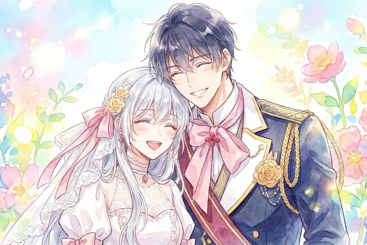 水彩画風の優しいタッチで描かれた、銀髪の女性と黒髪の男性が寄り添う横長のイラスト。二人は満面の笑みを浮かべ、幸せそうな雰囲気に包まれている。女性は白いドレスにピンクのリボン、男性は凛々しい正装姿。背景はパステルカラーの花々が咲く明るく爽やかなデザインで、前向きな希望を感じさせる。