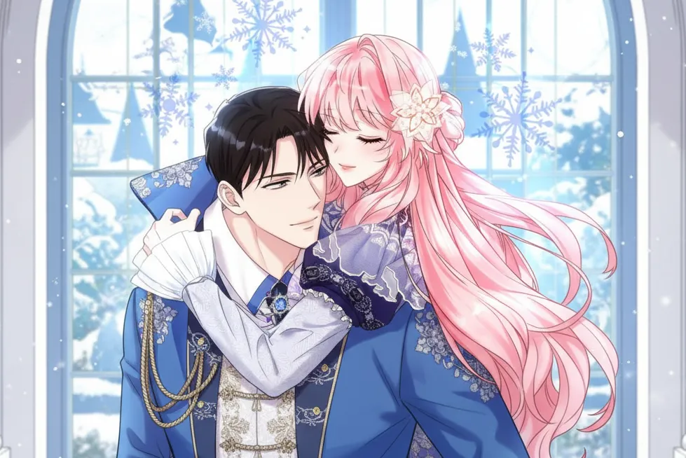アニメ風の男性が、長いピンクの髪の女性をおんぶしているロマンチックなイラスト。男性は青と金の華やかな衣装を、女性は紫色のドレスを着ています。二人は微笑んでおり、背景の大きな窓には雪の結晶が舞っています。