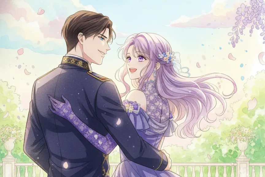 パステル調の明るい水彩画タッチの背景に、庭園のような場所で優しく微笑みながら向き合う男女が描かれたイラスト。女性は紫色の髪とドレスを身につけ、男性は黒髪に軍服のような衣装を着用している。二人は手を取り合い、幸せそうな雰囲気を醸し出している。