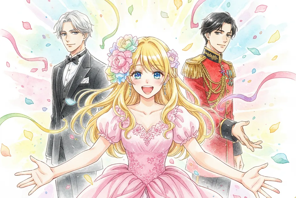 水彩画タッチで描かれた『シークレットレディ』のアイキャッチイラスト。中央に金髪のヒロインが両手を広げ、満面の笑みでこちらを見つめている。彼女はピンクの華やかなドレスと花飾りを身につけている。背景にはパステルカラーの光が差し込み、紙吹雪とリボンが舞っている。ヒロインの少し後ろ、左右にはそれぞれ異なる衣装の男性が立っており、全体的に明るくお祝いムードの構図となっている。