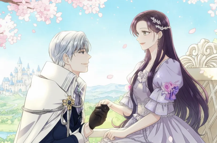 桜が満開の庭園で、白銀の髪の男性が片膝をついてベンチに座る紫の髪の女性の手を取り、愛おしそうに見つめ合っている水彩画タッチのイラスト。遠景には壮麗な城が描かれ、ロマンチックな雰囲気を醸し出している。