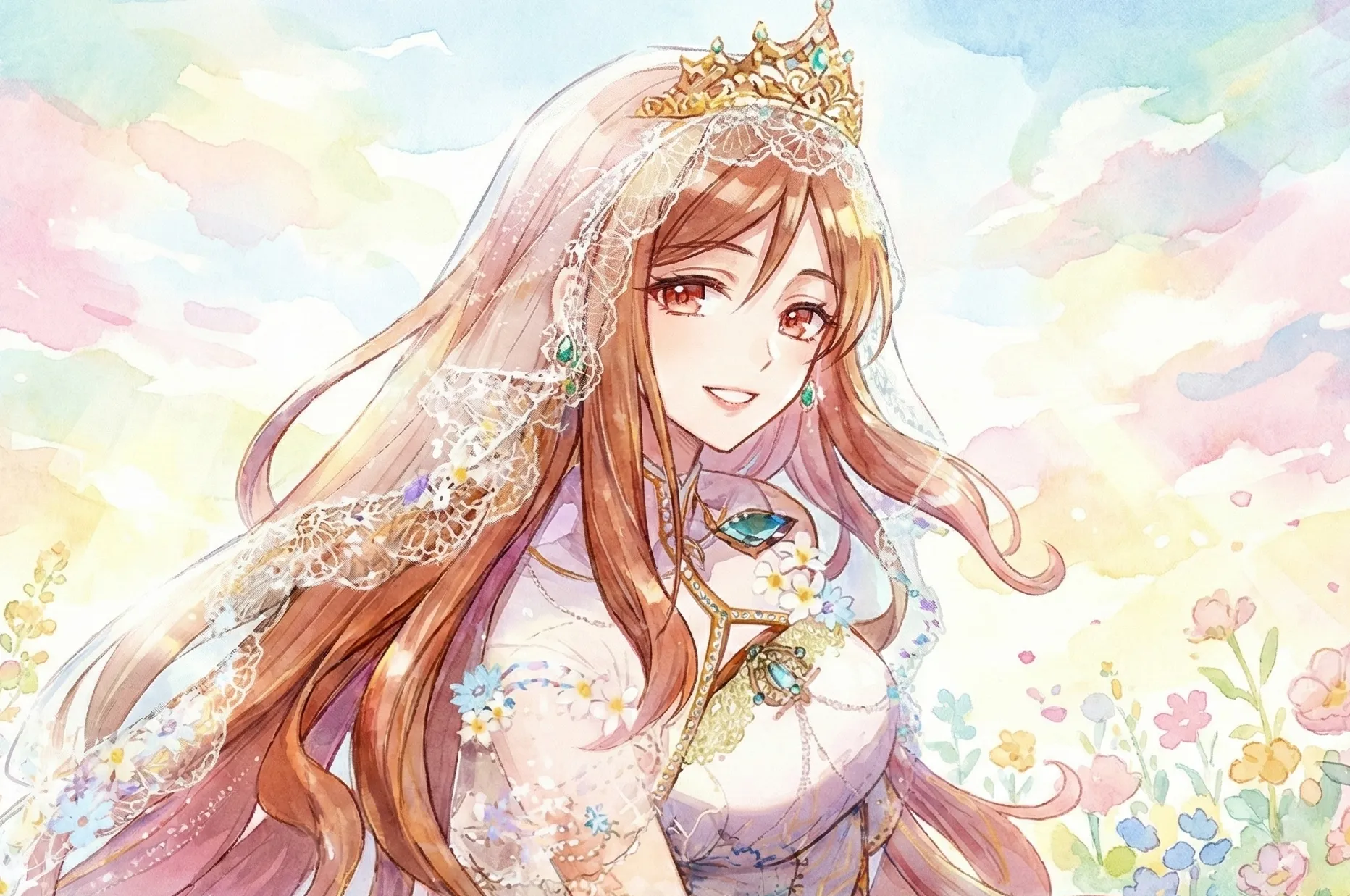 水彩画風の優しいタッチで描かれた『世界を救った聖女ですが、その執着はお断りします』のアイキャッチイラスト。長い赤茶色の髪にティアラとヴェールをまとい、白と金の装飾が施されたドレスを着た聖女が、パステルカラーの花々に囲まれて穏やかに微笑んでいる。背景は明るい空と花畑で、爽やかで前向きな雰囲気の横長画像。