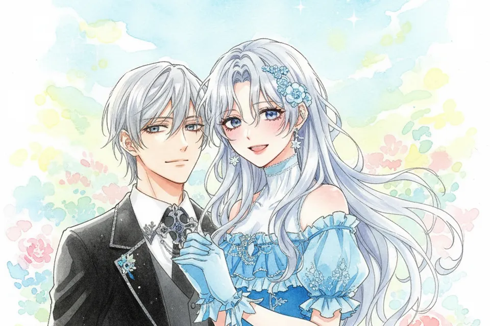青いドレスを着た長い銀髪の女性と、黒いスーツを着た銀髪の男性が並んで笑顔で立っている、水彩画タッチのイラスト。背景には、パステルカラーの花が咲き乱れる庭が描かれている。
