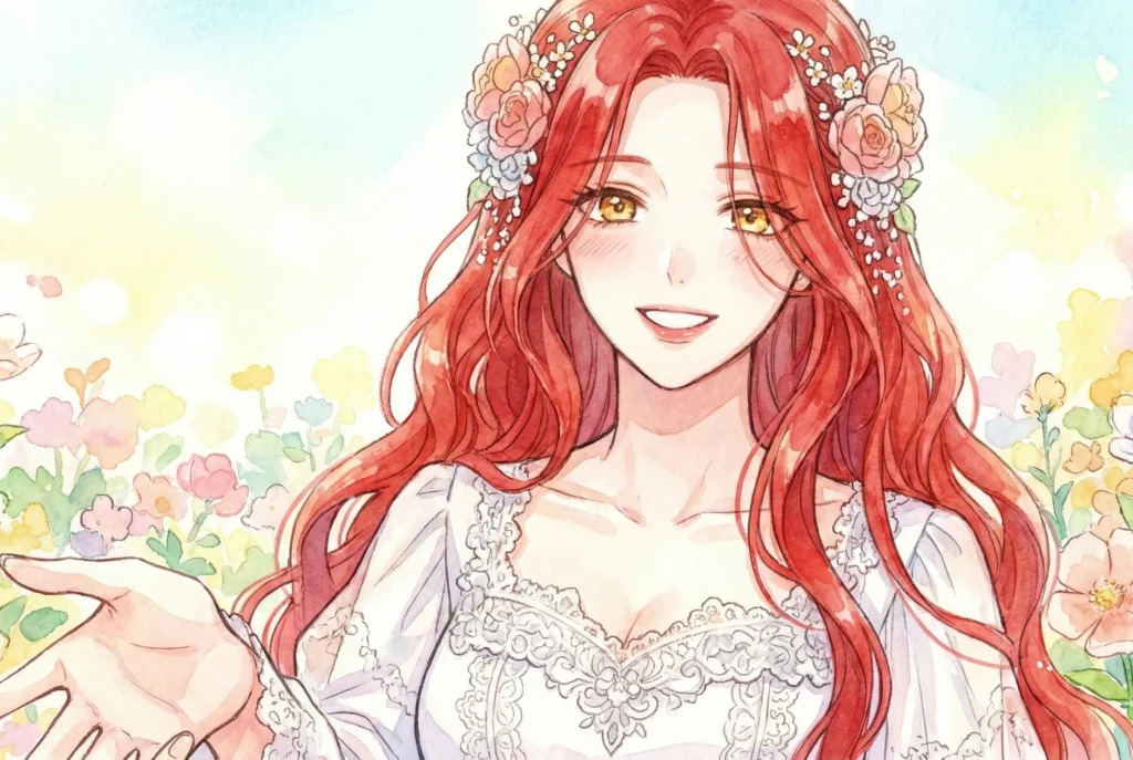 鮮やかな赤いロングヘアの女性が、白いレースのドレスを身にまとい、優しく微笑みながらこちらに手を差し伸べている水彩画風のイラスト。背景は青空と花々を思わせるパステル調の明るい色彩で描かれ、爽やかで前向きな雰囲気が漂っている。画像比率は横長の1.91:1。