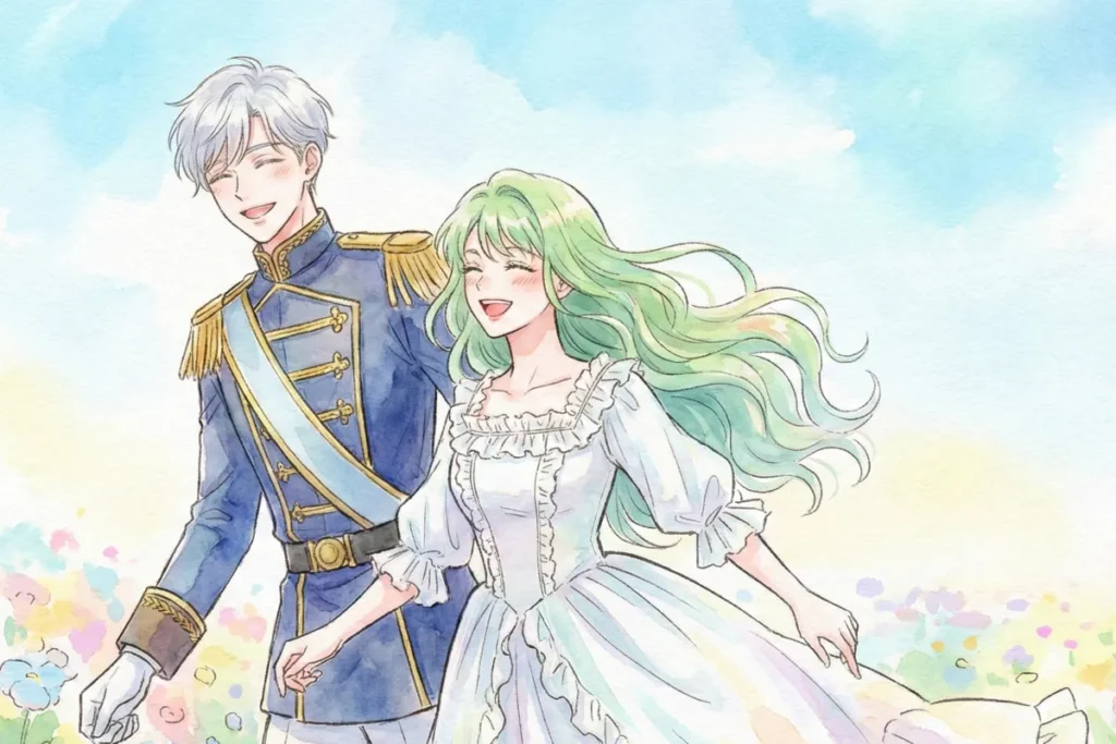 青い空とパステルカラーの花畑を背景に、水彩画風のタッチで描かれた「呪われ王女は陛下の最推し」のアイキャッチイラスト。緑髪の王女と銀髪の皇帝が、明るく幸せそうな笑顔で手を繋いで歩いている様子が描かれている。