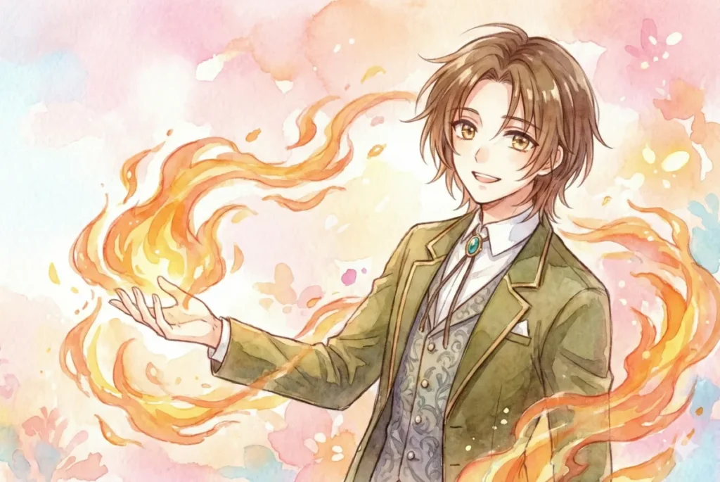 水彩画風のアイキャッチイラスト。優しい笑顔の青年が、緑のジャケットとグレーのベストを着て、右手を差し出し、美しいオレンジ色の炎を操っている。背景はパステルカラーのピンク、黄色、青の水彩画で、花や葉の模様が抽象的に描かれ、温かく明るい雰囲気が広がっている。