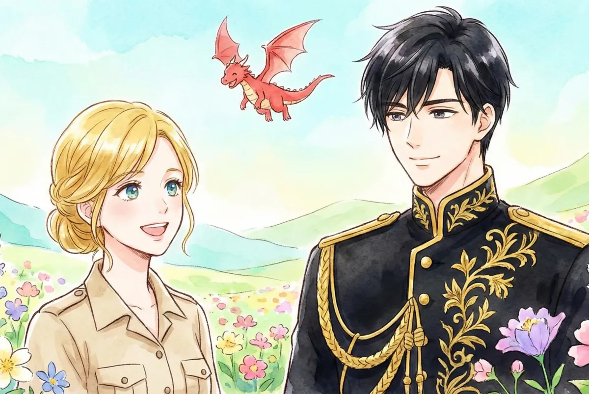 水彩画風の優しいタッチで描かれた横長のイラスト。色とりどりの花が咲く明るいパステル調の草原と青空を背景に、ベージュの服を着て髪をまとめた金髪の女性と、黒に金の刺繍が入った軍服姿の黒髪の男性が並び、互いに穏やかで明るい笑顔を浮かべている。二人の間の上空には、小さな赤いドラゴンが翼を広げて飛んでいる。