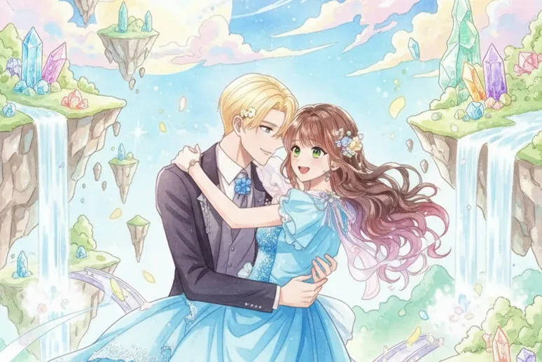 悪役なのに愛されすぎていますのアイキャッチイラスト。原作イメージを忠実に再現したキャラクターが、優しく明るい笑顔で抱き合っている。水彩画タッチの手書き風で、パステル調の明るい背景が爽やかで前向きな印象を与える。