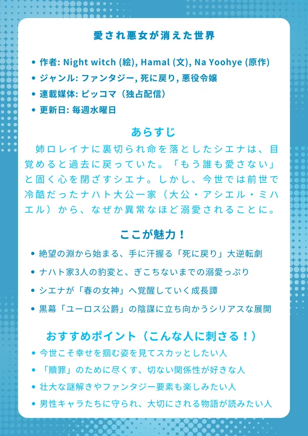 📚 ナレッジカード：愛され悪女が消えた世界
【基本情報】

作者: Night witch (絵), Hamal (文), Na Yoohye (原作)

ジャンル: ファンタジー, 死に戻り, 悪役令嬢

連載媒体: ピッコマ（独占配信）

更新日: 毎週水曜日

【あらすじ】 最愛の姉ロレイナに裏切られ命を落としたシエナは、目覚めると孤児院時代の過去に戻っていた。「もう誰も愛さない」と固く心を閉ざすシエナ。しかし、今世では前世で冷酷だったナハト大公一家（大公・アシエル・ミハエル）から、なぜか異常なほど溺愛されることに。戸惑いながらも、二度目の人生で自らの運命を切り開こうと奮闘する再生の物語。

【ここが魅力！】

絶望の淵から始まる、手に汗握る「死に戻り」大逆転劇

前世で冷酷だったナハト家3人の豹変と、ぎこちないまでの溺愛っぷり

唯一無二の相棒「ヘサロス」との契約と、シエナが「春の女神」へ覚醒していく成長譚

姉ロレイナと黒幕「ユーロス公爵」の陰謀に立ち向かう、読み応え抜群のシリアスな展開

【おすすめポイント（こんな人に刺さる！）】

虐げられた主人公が、今世こそ幸せを掴む姿を見てスカッとしたい人

罪悪感を抱えたヒーローたちが「贖罪」のために尽くす、切ない関係性が好きな人

単なるラブコメではなく、壮大な謎解きやファンタジー要素も楽しみたい人

アシエルやミハエルなど、魅力的な男性キャラたちに守られ、大切にされる物語が読みたい人