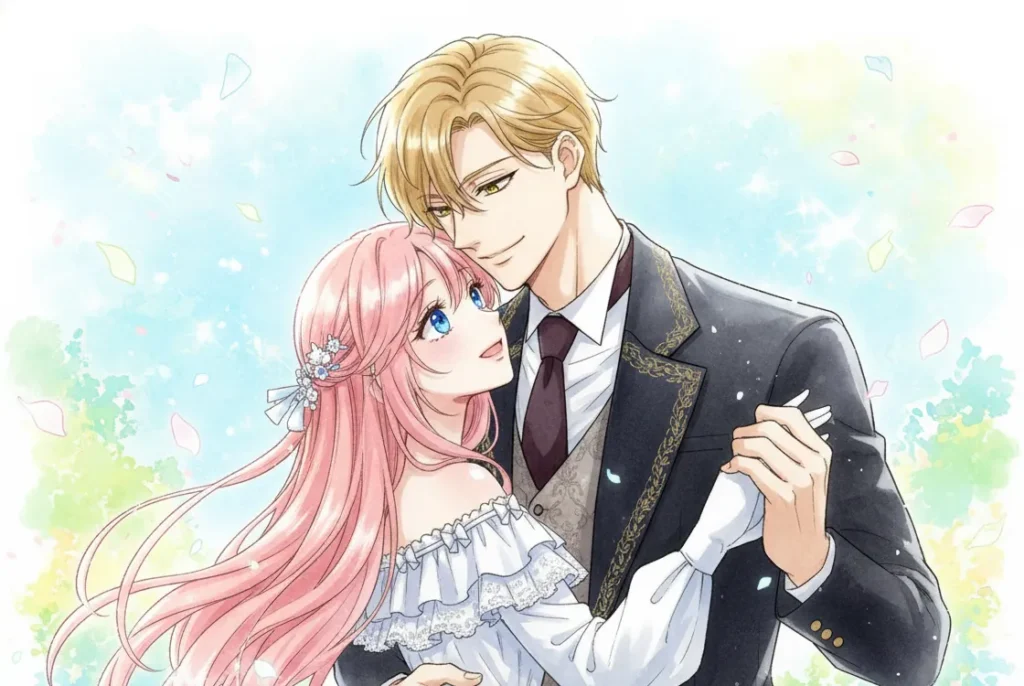 『嫌われ公女は婚約破棄を待つ』の主人公サビナと皇子リカルドが、パステルカラーの柔らかな水彩画風の背景で、優しく微笑みながら踊っているイラスト。サビナはピンクの髪に青い瞳、リカルドは金髪に緑の瞳で、原作の雰囲気そのままに描かれている。